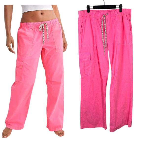 Aerie Hot Pink Flowy Wide Leg Cargo Pull On Drawstring Pants Large New with Tags - Picture 1 of 10